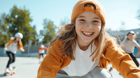 A joyful child skating, showcasing enthusiasm and fun in an outdoor setting. The vibrant colors and smiles capture the spirit of leisure activities during sunny days.の素材