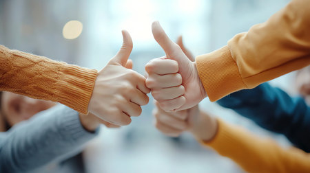 A close-up of multiple hands giving thumbs up in a friendly atmosphere, symbolizing support, agreement, and positivity. This image captures the essence of teamwork and camaraderie.の素材