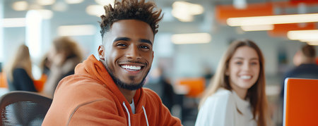 A cheerful young man and woman smiling while working together in a modern office environment, showcasing collaboration, creativity, and positive vibes in the workplace.の素材
