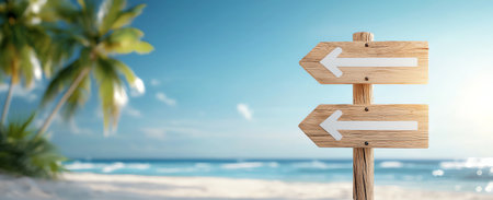 Wooden signpost with arrows on a sunny beach against a clear blue sky. Palm trees and turquoise ocean waves in the background create a tropical vibe.の素材
