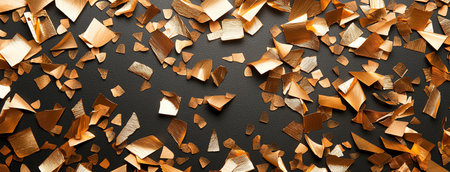 A captivating arrangement of shattered golden glass pieces scattered across a dark surface, creating a striking visual contrast and adding a touch of elegance to any design project.の素材