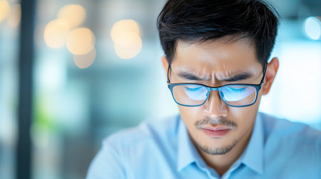 A focused man in glasses concentrating on work in a modern office setting. He embodies professionalism and determination, with soft lighting enhancing the ambiance of the workspace.の素材