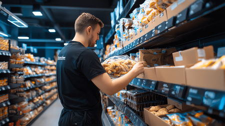 A grocery store employee restocks shelves with baked goods in a well-lit modern supermarket. The focus on organization and customer service highlights retail operations.の素材