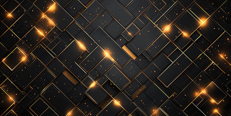 A stunning abstract background featuring a geometric pattern of black squares with golden accents. Perfect for creating a modern and elegant design, ideal for various digital applications.の素材