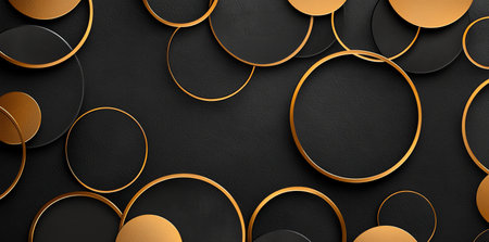 A visually striking abstract background featuring a series of overlapping circular shapes in various sizes, colored in gold against a sleek black backdrop, perfect for modern designs.の素材