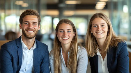 Three young professionals sit together, smiling in a modern office environment. Their outfits and cheerful expressions convey teamwork, positivity, and a collaborative spirit.の素材