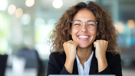 A joyful young woman celebrating a significant achievement at work, showcasing enthusiasm and positivity in a modern office environment. Her excitement is contagious.の素材