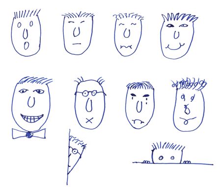 Various drawn faces with different emotions against a white backgroundの写真素材