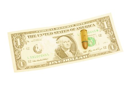 Cocaine, dollars and bullit, symbol for drugs war, isolated on background