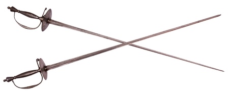 Old crossed rapiers isolated on white backgroundの写真素材