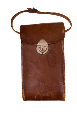 Old leather bag, isolated on backgroundの写真素材