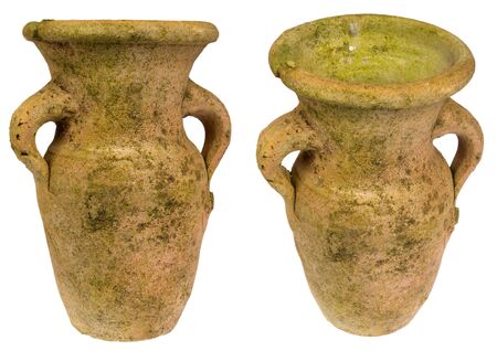 Weathered clay jar, isolated on backgroundの写真素材