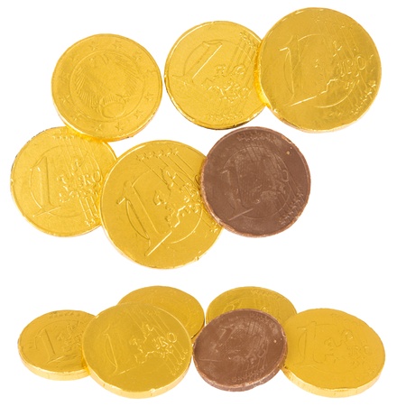 Chocolate euro coins, isolated against backgroundの写真素材