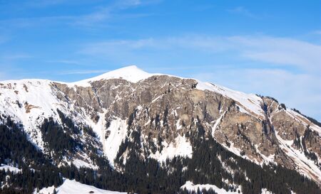 Mountain ans trees partially covered with snow against blue skyの写真素材