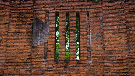 Ruin brick wall with window and tree behind, Ayuddhaya Thailand