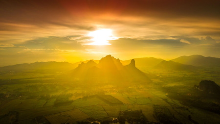 Aerial View Landscape Sunset Mountain Background Orange toneの写真素材