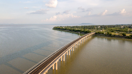 Railroad bridge Over River Pa Sak Dam Ban Kok Slung Lopburi Thailandの写真素材