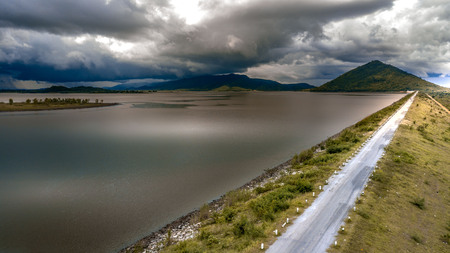 Aerial view road crossing to Dam Landscapeの写真素材