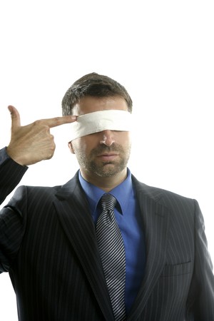 Blindfolded businessman suicide metaphor, conceptual imageの写真素材