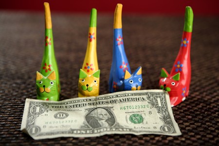 four handcraft cats arroun one dollar note, business teamwork metaphorの写真素材