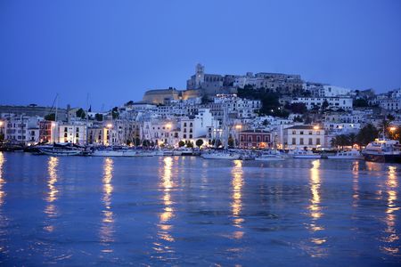 Ibiza island harbor night in Mediterranean spanish seaの写真素材