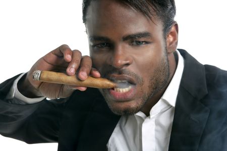 African american man smoking cigar portrait with black hatの写真素材