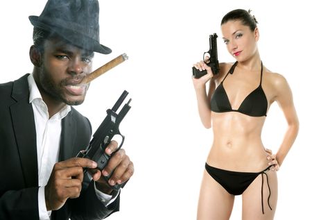 African american mafia man smoking cigar with handgun portraitの写真素材