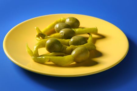 Tapas from Spain, olives and hot green pepper snackの写真素材