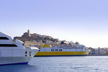 Ibiza landmark island in Mediterranean sea, blue harbor viewの写真素材