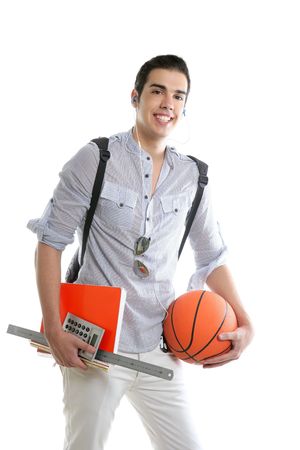 American look student boy with basket ball and notebook isolated on whiteの写真素材