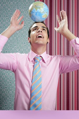 Businessman over modern wallpaper retro vintage and global world mapの写真素材