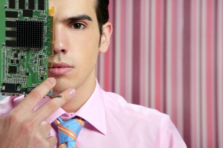Businessman with electronic circuit in face as technology metaphorの写真素材
