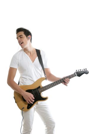 Musician young man playing electric guitar isolated on whiteの写真素材