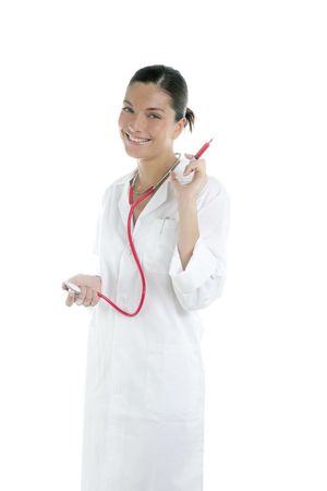 Beautiful woman doctor with red syringe injection in handの写真素材
