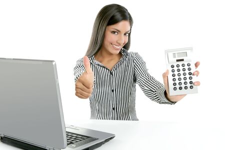 Calculator businesswoman happy for good stats results on white backgroundの写真素材