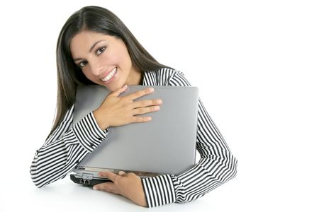 Brunette woman hug laptop computer, she love her workの写真素材
