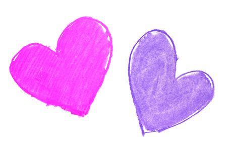 Colorful hand painted heart shapes draw on an white backgroundの写真素材