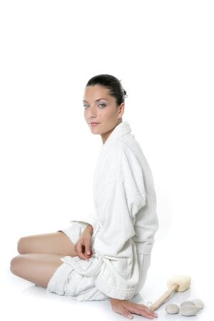 Beautiful bathrobe white natural woman image at studio white backgroundの写真素材