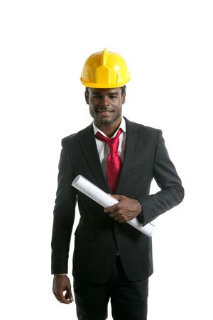 African american architect engineer with yellow hardhat and plansの写真素材