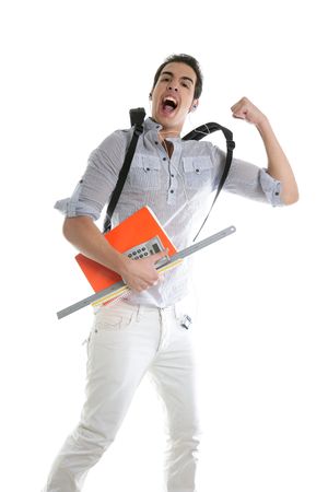 Happy student jump with college stuff in hand isolated on whiteの写真素材