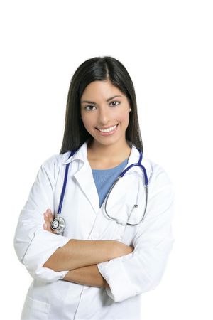 Berautiful brunette indian young happy doctor woman isolated on whiteの写真素材