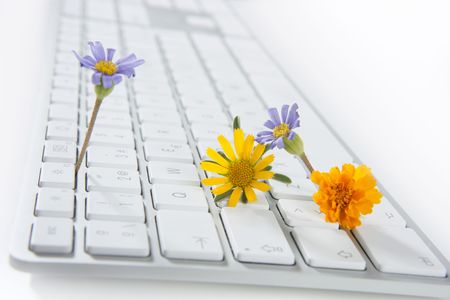 Concept of flowers growing from computer, ecology metaphorの写真素材