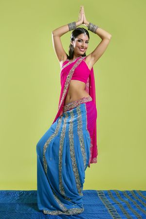 Brunette indian dancer princess Bollywood style, colorful sariの写真素材