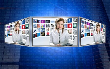 Beautiful news tv redhead woman on 3d display multi monitorの写真素材