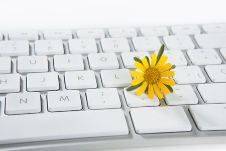Concept of flowers growing from computer, ecology metaphorの写真素材