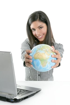 Brunette businesswoman with global map in her hands, communication metaphorの写真素材