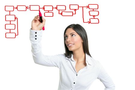 Brunette businesswoman writing on a copyspace virtual screenの写真素材