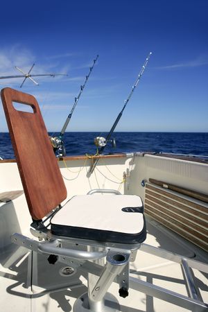 Big game boat wooden fishing chair for tuna wahoo and marlinの写真素材