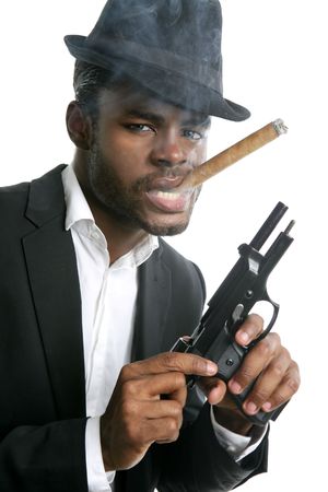 African american mafia man smoking cigar with handgun portrait