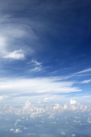 Blue sky view from aircraft airplane and white clouds